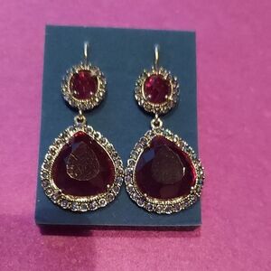 Avon Red and Gold Dangle Earrings with Crystal Accents